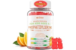 NEXTDIA Kids Phosphatidylserine Gummies 100mg + Vitamin D3 400IU, C, Brain Supplements for Memory and Focus, Phosphatidylserine Supplement for Brain Health, Bone & Immune Support, Tasty Orange Flavor, 120 Cts