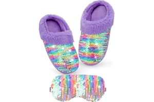YSEOUL Girls Plush Sequin Slippers With Sleep Mask, Cute Faux Fur Slip-on Shoes Memory Foam House Shoes for Girls Bedroom Slippers