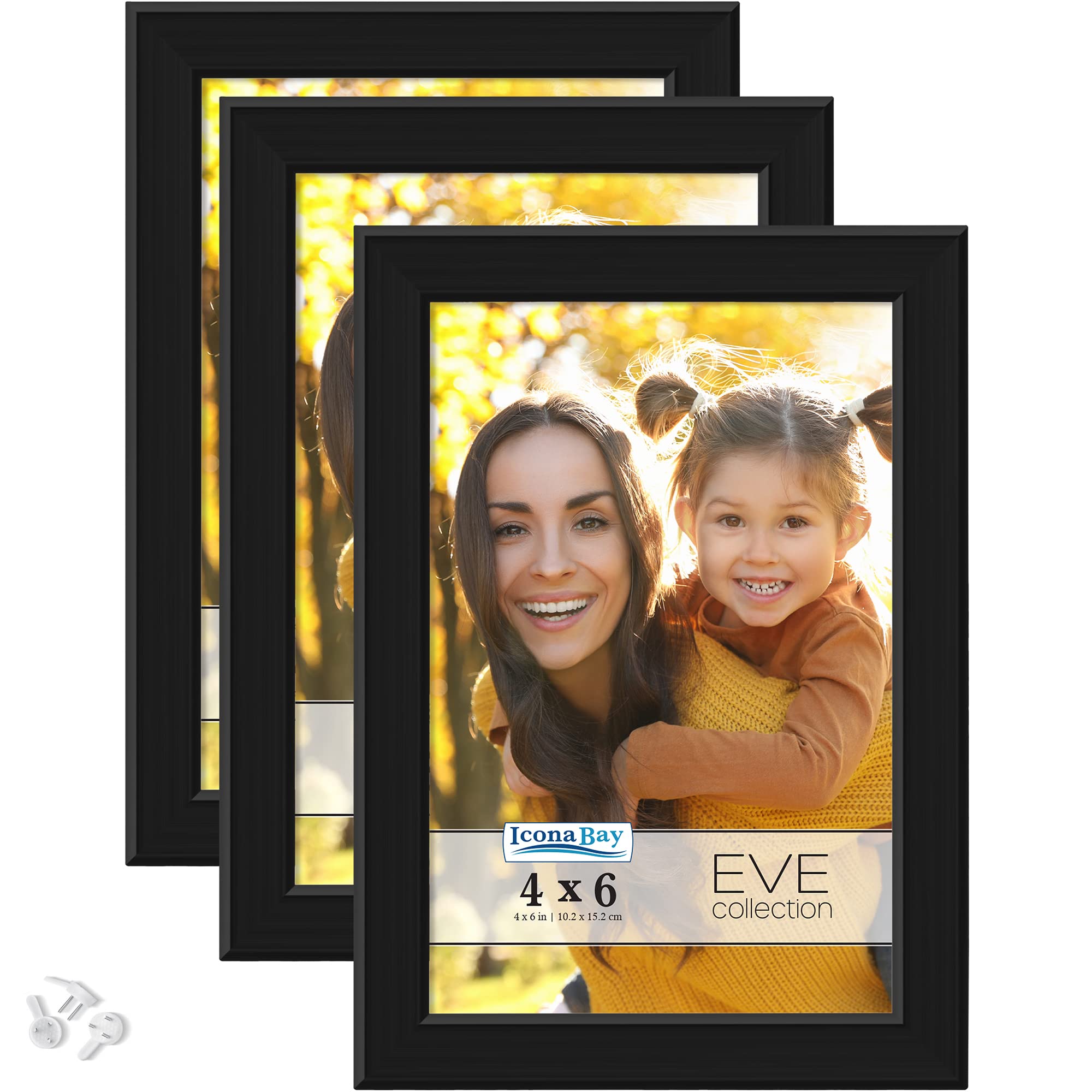 Icona Bay 6x4 Picture Frames (Black, 3 Pack), Modern Double-Bevelled Frame, Tabletop or Wall Mount, Eve Collection