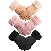 3 Pairs Winter Warm Touchscreen Gloves Women's Fleece Lining Texting Gloves Fuzzy Soft Winter Gloves for Skiing(Black, Khaki, Pink)