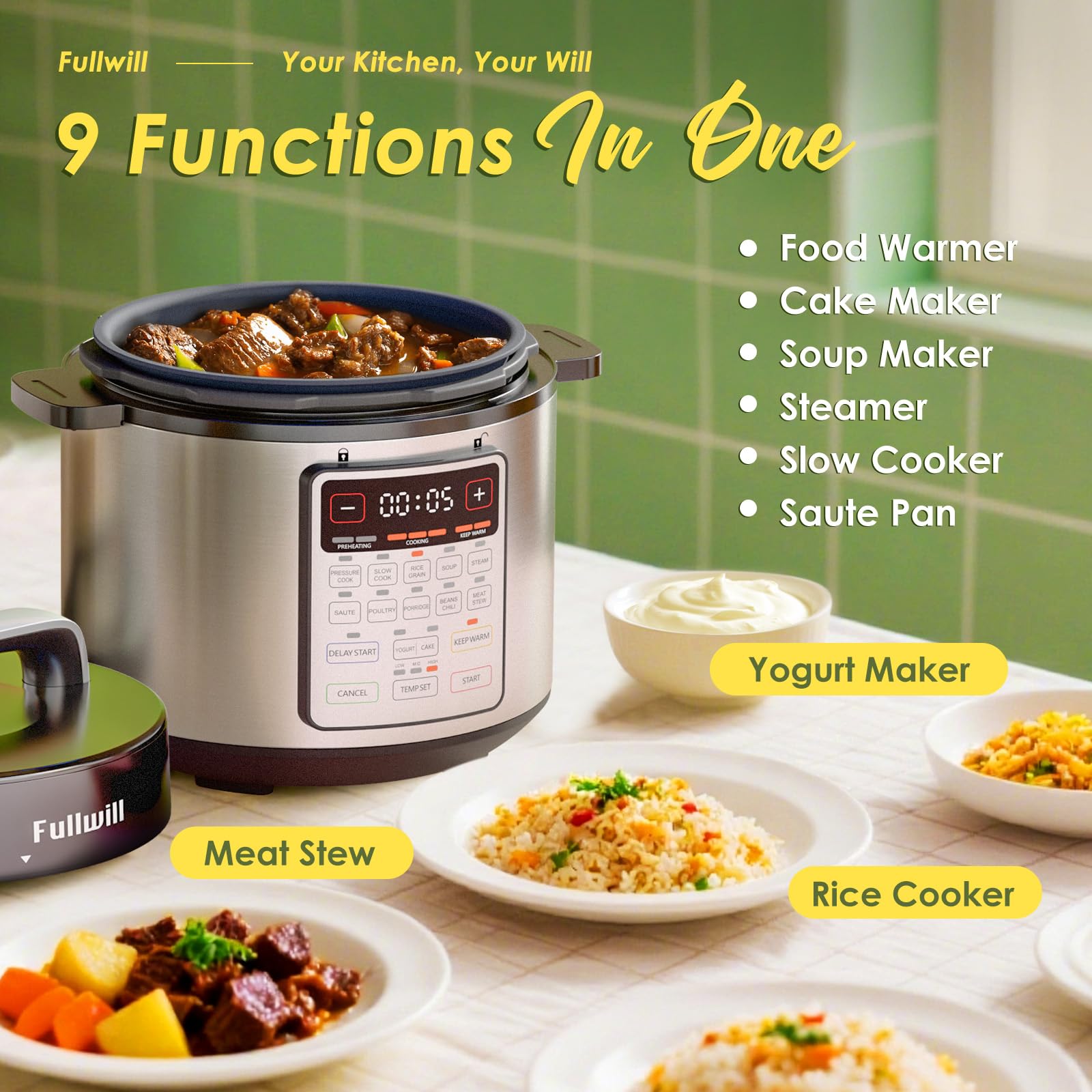 Fullwill 9-in-1 Electric Pressure Cooker(2025 Upgraded), 12 Presets Instant Multi Cooker, Olla de Presion Nonstick Pot 6 Quarts