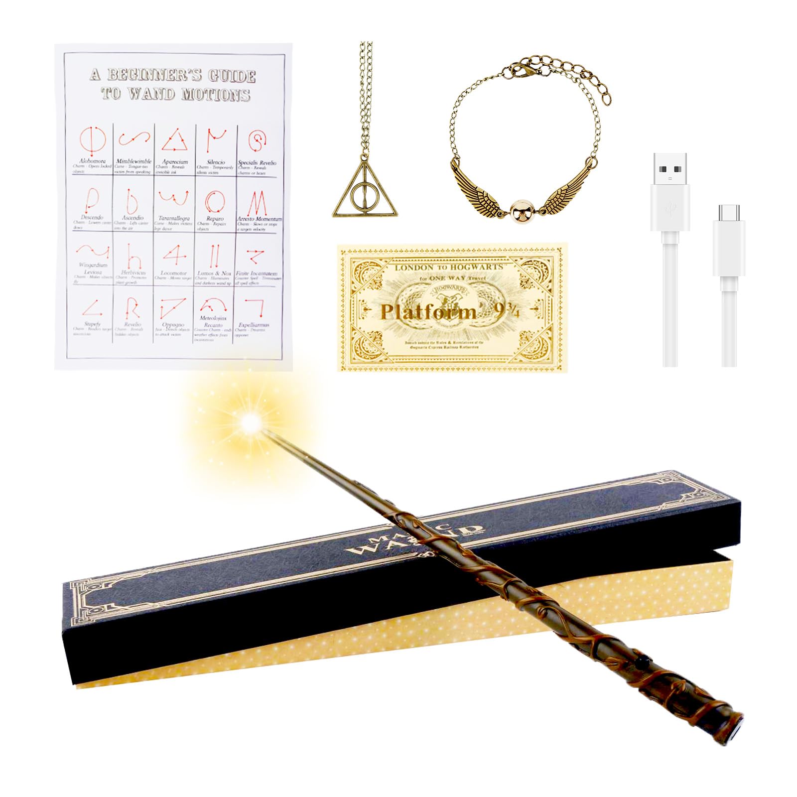 Aitsite Magic Wands, 35CM Wizard Wands Glow, USB Charging Light Up wand, Magic Wand in Gift Box with Spell Card, Station Ticket and Necklace Bracelet Official