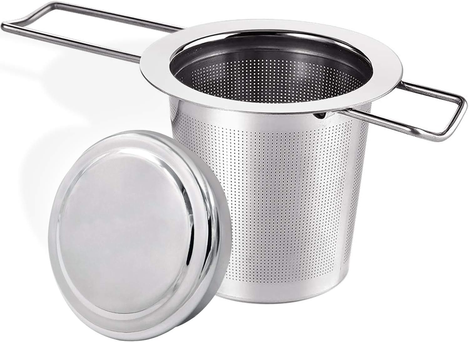 Schramm Edelstahl Teesieb 2 Stück – Mit Deckel & Abtropfschale, Faltbarer Griff, Für Tasse & Kanne