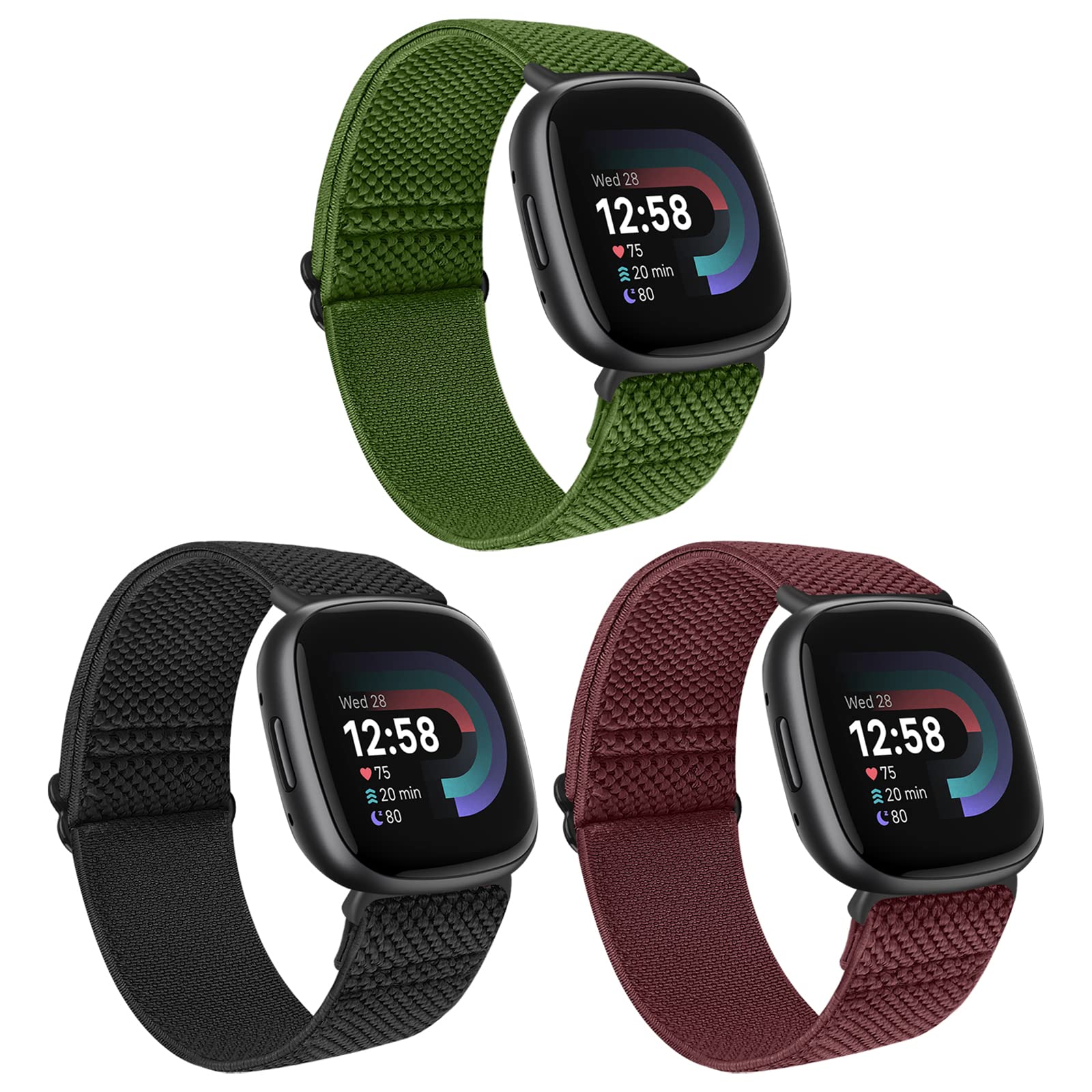 Huamanlou 3 Pack Elastic Nylon Straps Compatible with Fitbit Versa 4/Versa 3/Sense 2/Sense, Soft Loop Adjustable Sport Replacement Wristbands for Women Men