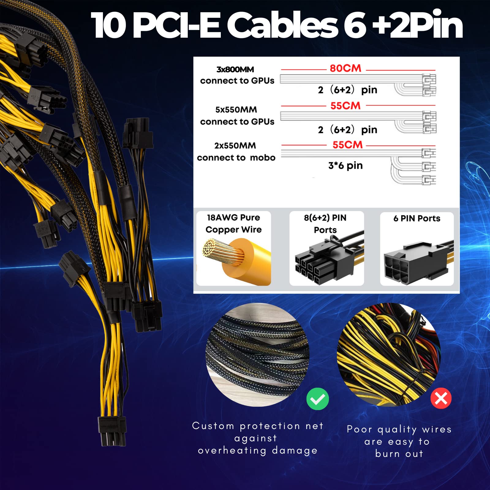 VTRETU 1800W Mining Power Supply ATX PSU Supports GPU Mining Rig Input110V-220V, Output 1600W-1800W 4U Power Supply Including 10 Connecting Cables and 1 Power Cord