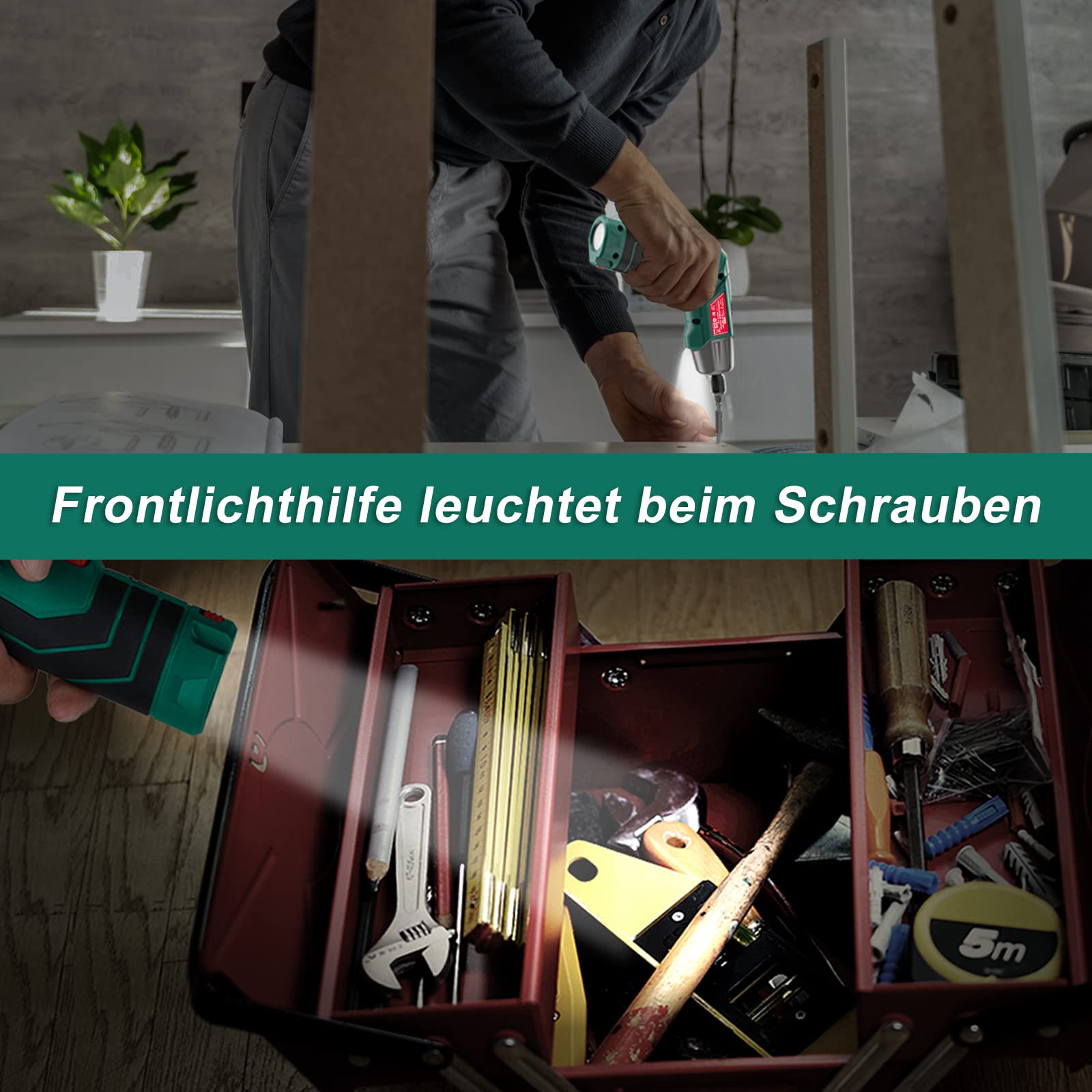 HYCHIKA Akkuschrauber, 6N·m Drehmoment 2000mAh 3,6V Akku mit 35 Zubehörteilen, LED-Licht und Taschenlampe, Akku Bohrschrauber mit USB Kabel und Aufbewahrungsbox 7