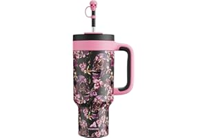 POWCAN 40 oz Halloween Tumbler with Handle, 2-in-1 Straw Lid, Leakproof, Dishwasher Safe, Insulated Stainless Steel Travel Coffee Mug, Keeps Cold for 34 Hours, Fits in Car Cup Holder (Floral Skull)