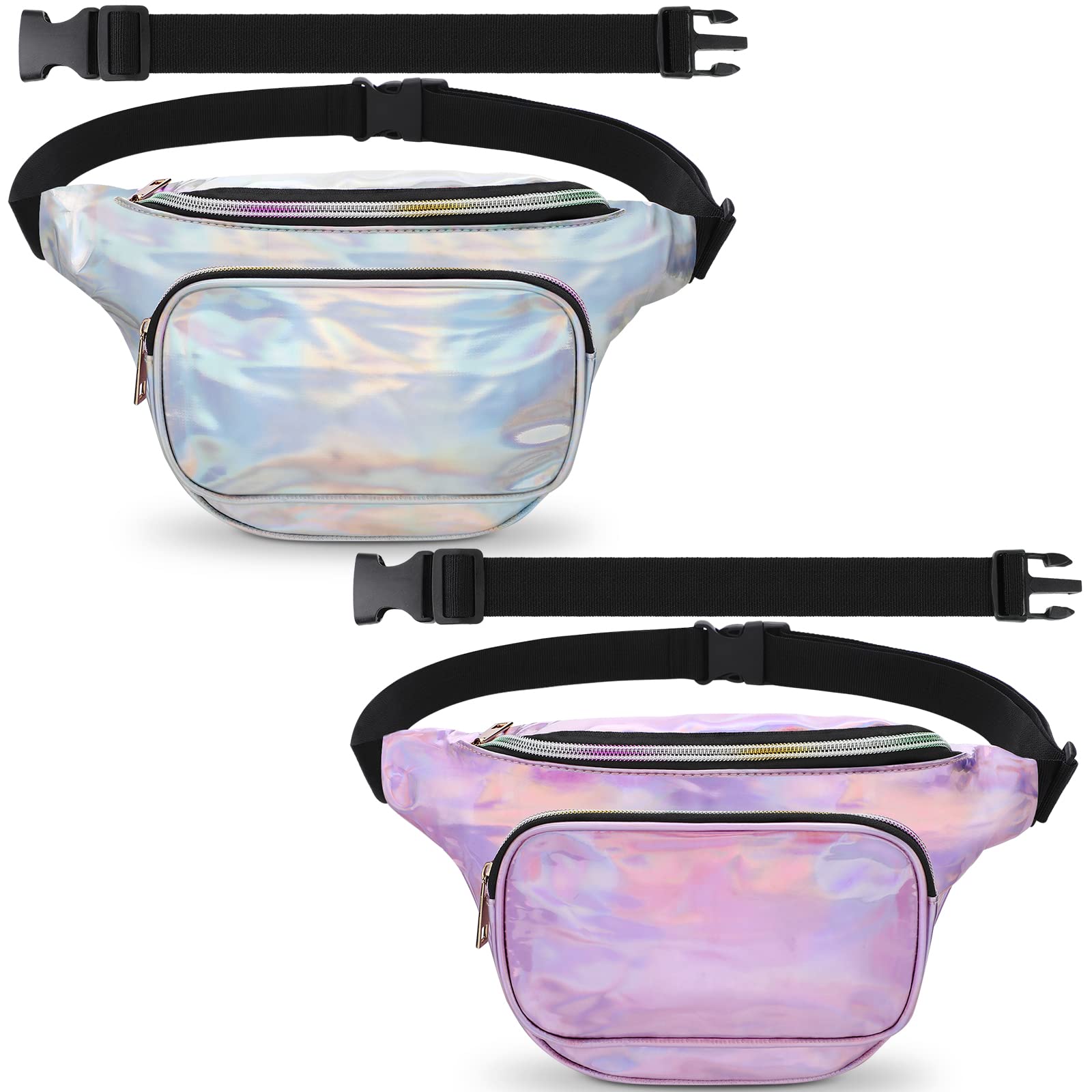 Photo 1 of Oudain 2 Pcs Holographic Plus Size Fanny Pack for Women 80s Waist Packs with Extender Fanny Bag with Adjustable Belt Metallic Color Bag Large Capacity for Party Travel Festival Sports Silver, Pink