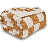 CozeCube Super Soft Fullfy Microfiber Reversible Knitted Blankets, Warm Cozy Fuzzy Plush Throw, Orange and White Checkered Throw Blanket for Couch Bed Sofa, 50" x 60"