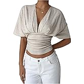 MakeMeChic Women's Crop Tops Deep V Neck Fitted Going Out Tops Y2k Short Sleeve T Shirt