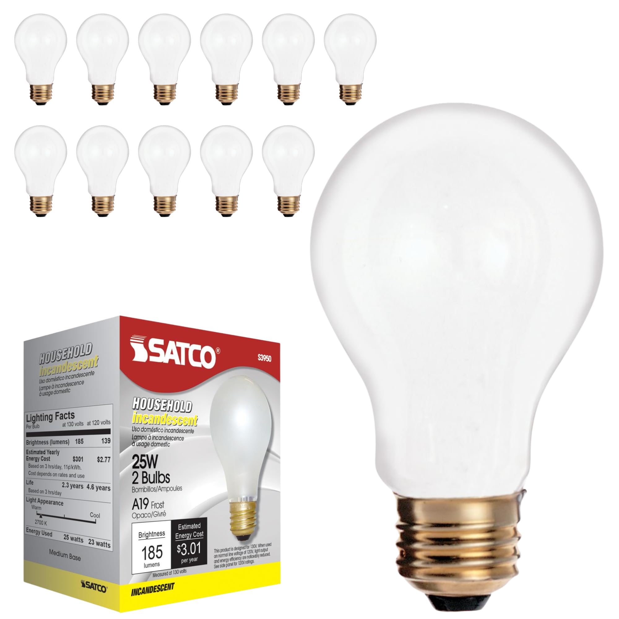 Photo 1 of Satco S3950 A19 Incandescent Bulb, 25W, 130V, Frosted Finish, 180 Lumens, Medium E26 Base, Dimmable, 2700K Warm White, 2,500 Hour Lifespan (12 Bulbs)