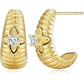 14K Gold & Rose Gold Hoop Earrings for Women, Chunky Huggie Half Hoops Earrings, Hypoallergenic Non Tarnish Cubic Zirconia Trendy Minimalist Everyday Jewelry Gift