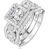RYANEE Princess Cut Cubic Zirconia Halo Promise Engagement Ring For Women in 925 Sterling Silver, Simulated Diamond 14k White Gold Plated CZ Stackable Rings For Her, Wedding Band Bridal Ring Set