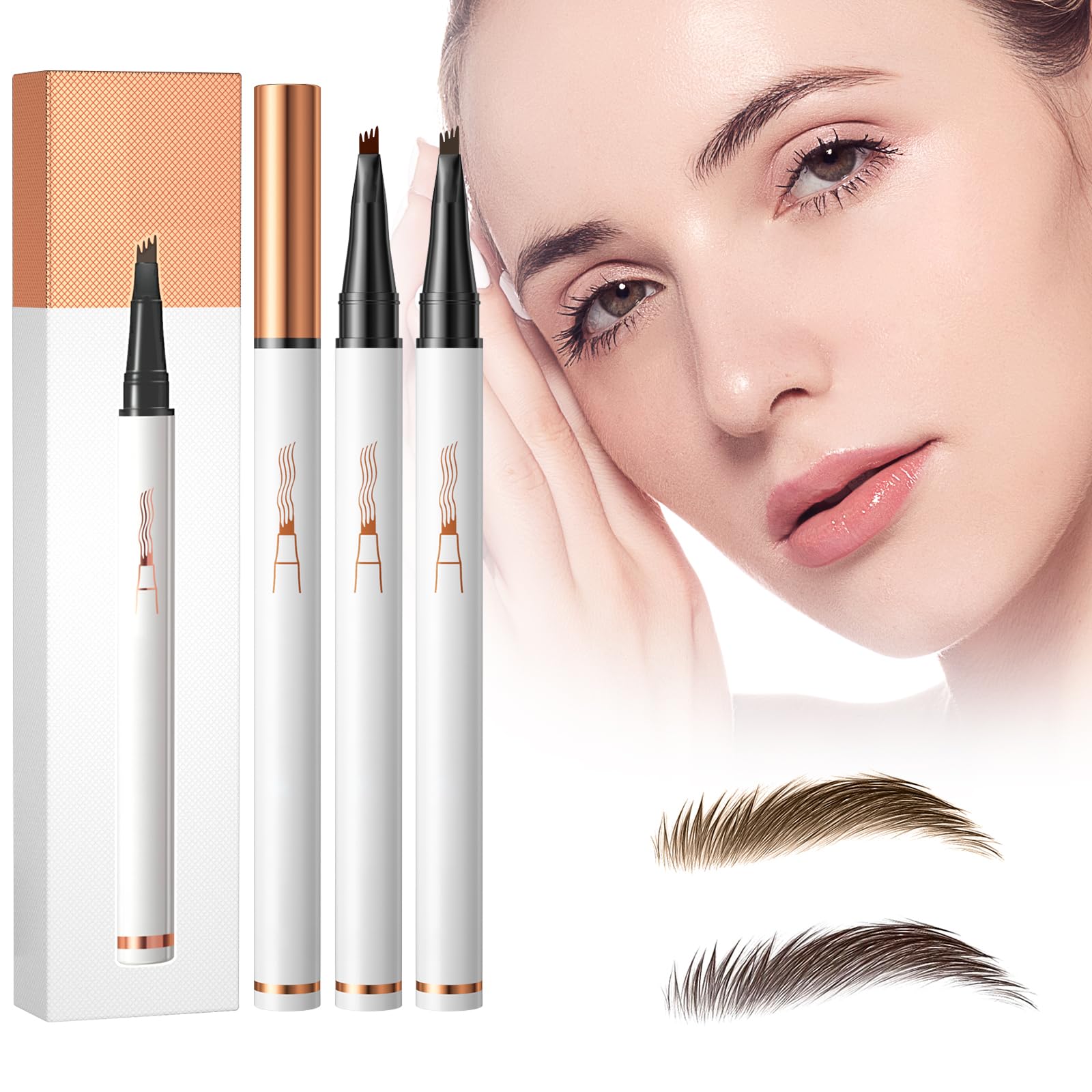 Magic Eyebrow Pencil, Kaluofan Liquid Tip Eyebrow Pen, 3D Waterproof Eyebrow Pencil Contouring Pen, 4-Tip Natural Long lasting Fine Micro Eyebrow Pen (01 Light Brown And 02 Dark Brown)