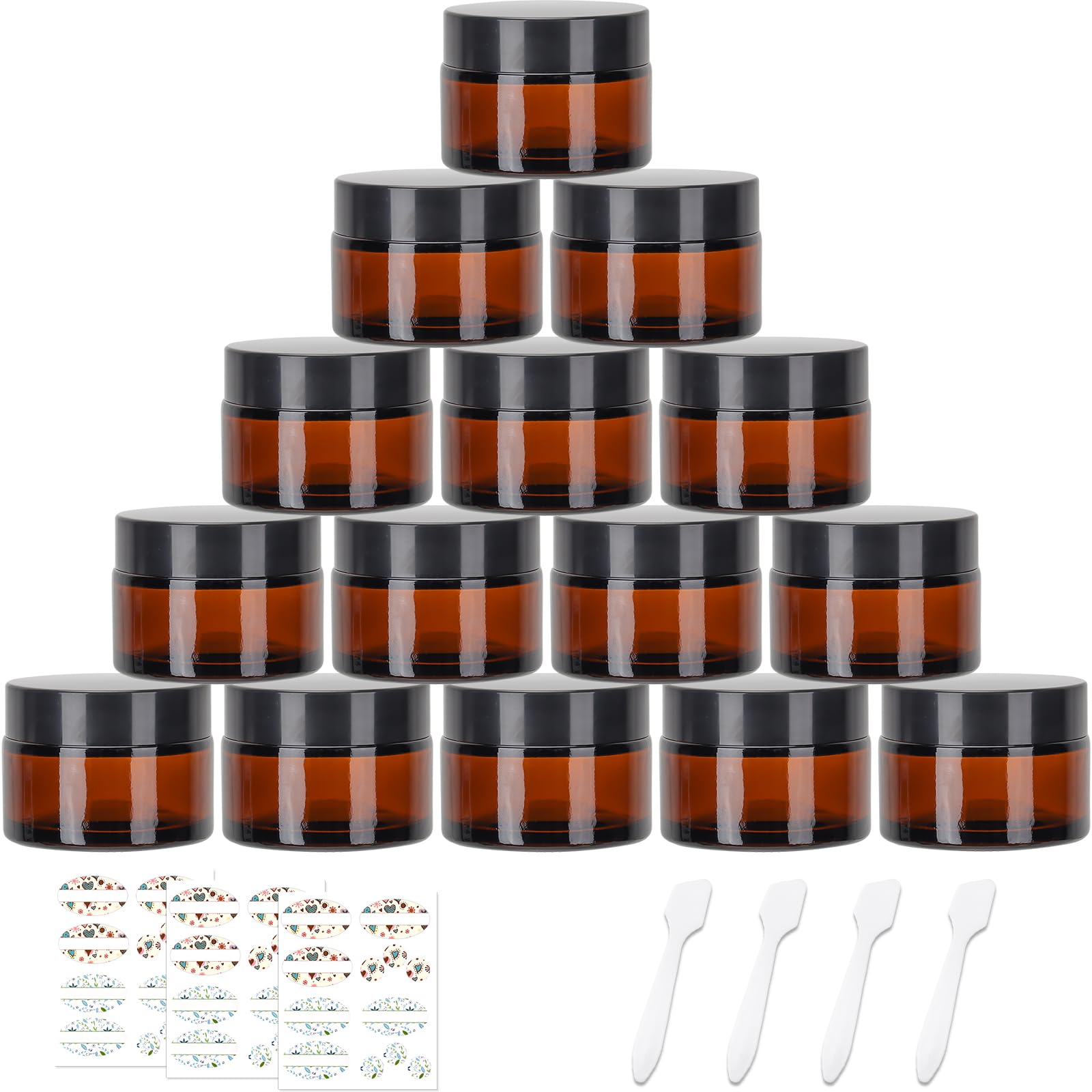 CulnCraz 15 Pack 30 ml Amber Round Glass Jars, 1 oz Empty Cosmetic Containers with Inner Liners, Black Lids and Glass Jars with Labels for Slime, Beauty Products, Cosmetic,Lotion,Powders and Ointments