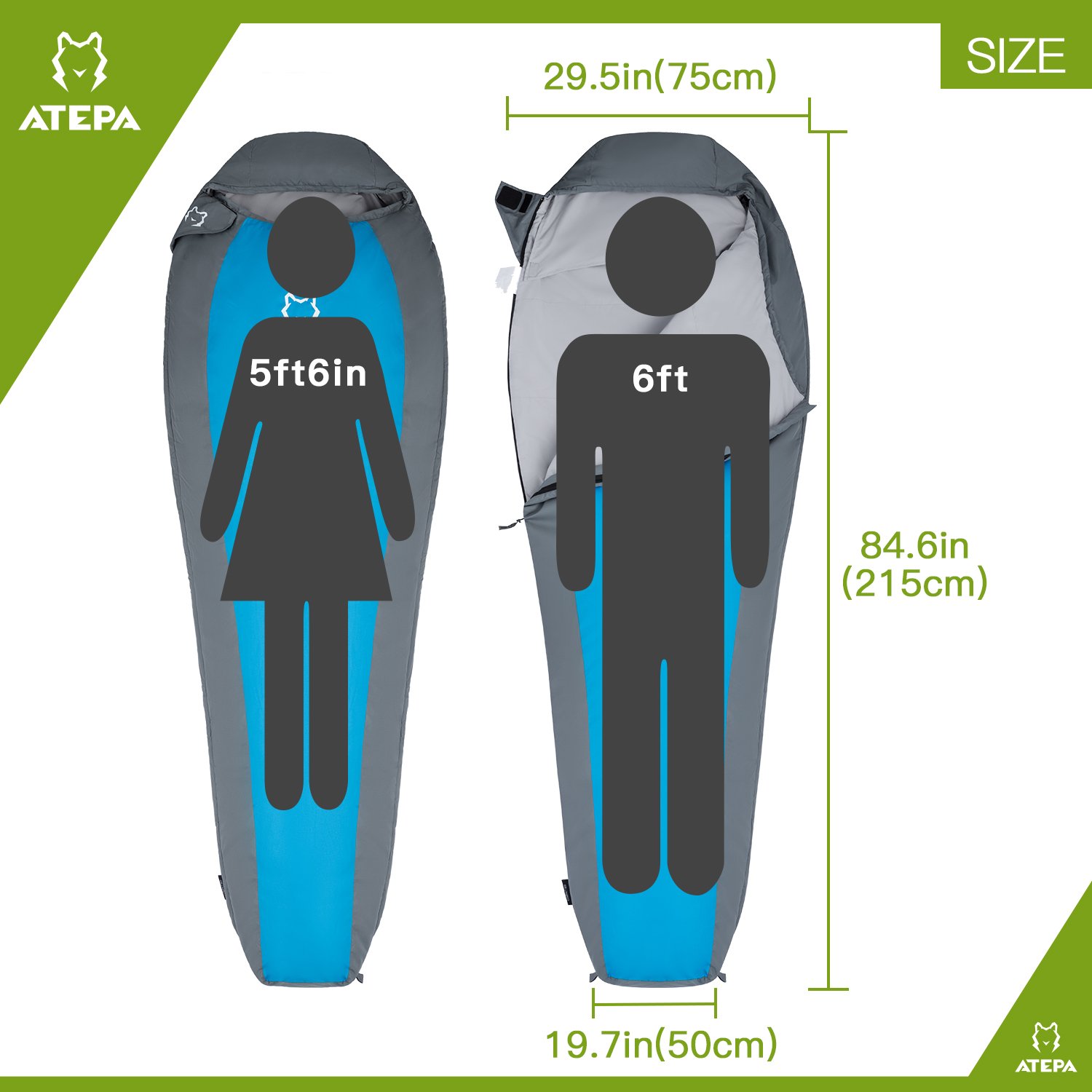 ATEPA Ultra-light Durable Comfort 3-season 32 Degree F/ 41 Degree F Envelope Adult Sleeping Bag (41 Degree / Blue, Left Hand)