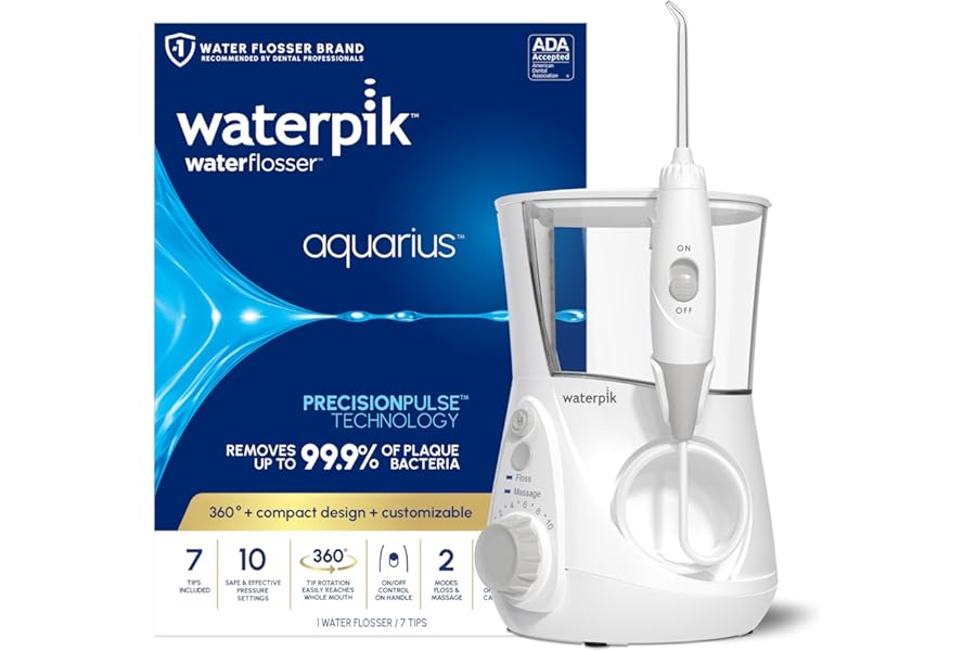 Waterpik Aquarius Water Flosser For Teeth Cleaning, Gums, Braces, Dental Care, Electric Power With 10 Settings, 7 Tips For Multiple Users And Needs, ADA Accepted, White WP-660, Packaging May Vary