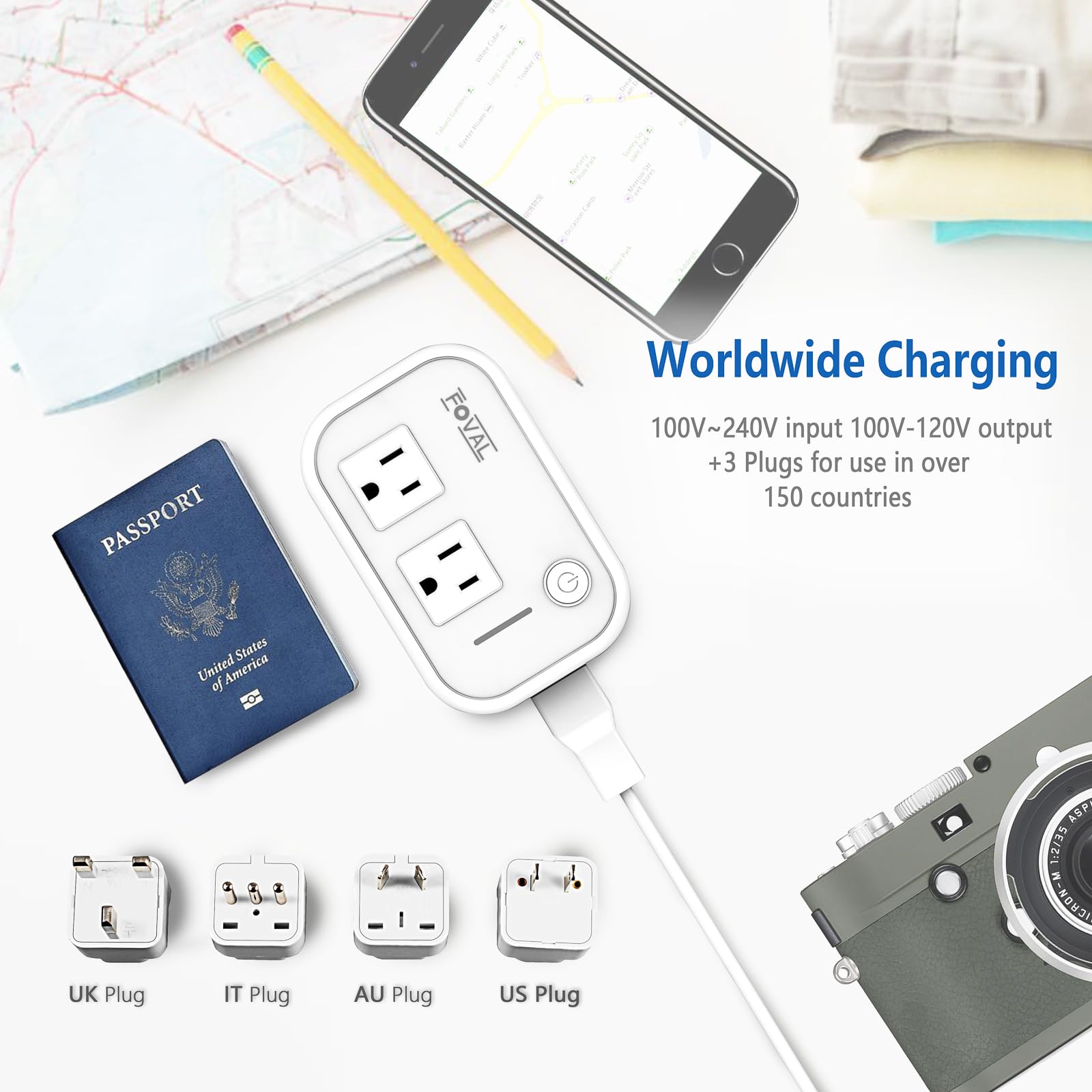Step Down Power Converter - FOVAL 230W Travel Voltage Converter 220V to 110V International Power Adapter with [Upgraded 18W PD USB-C] 3 USB Ports 2 AC Outlets US to Europe Italy UK AU Plug (White)
