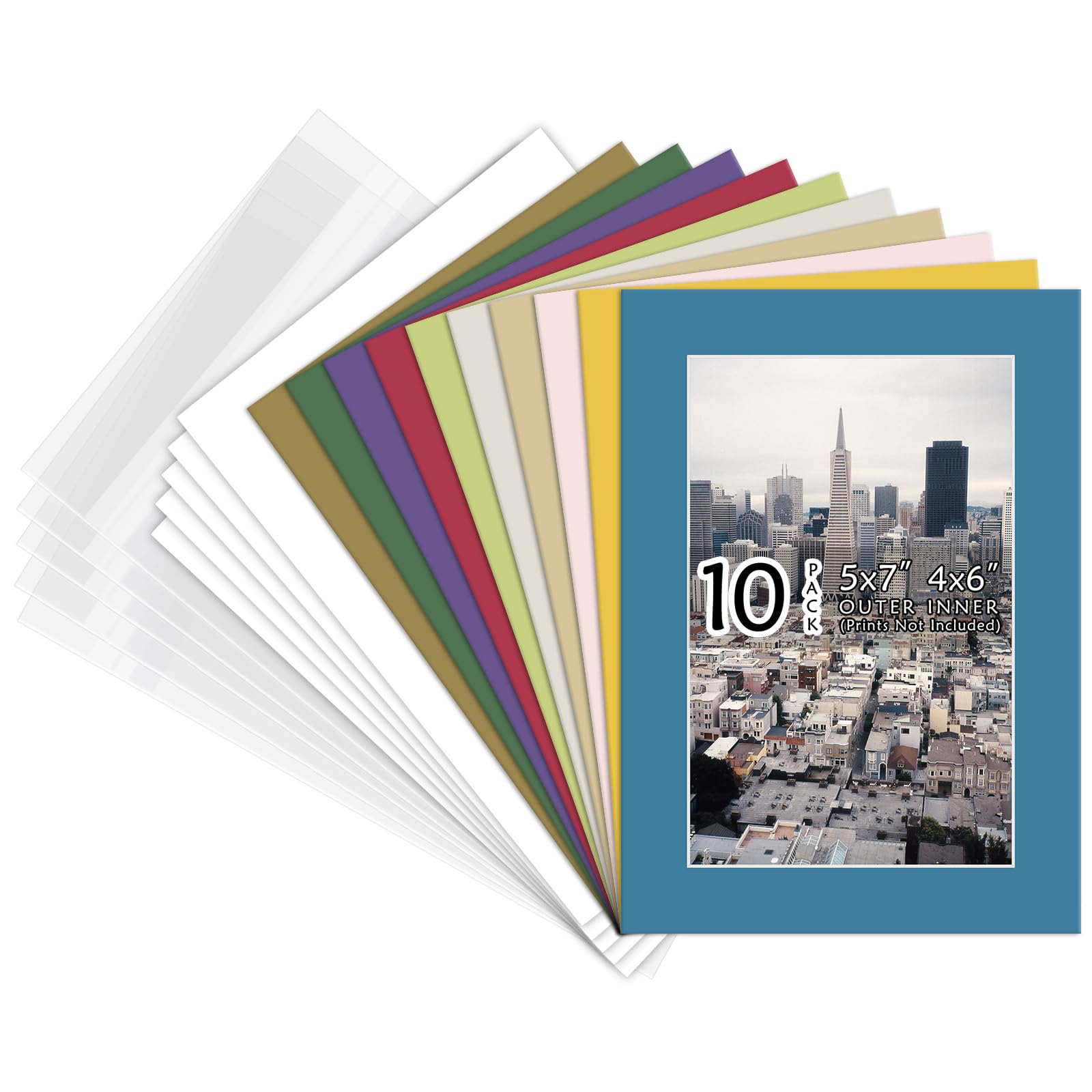 Golden State Art, Pack of 10 Mix Pre-Cut 5x7 Picture Mat for 4x6 Photo with White Core Bevel Cut Mattes Sets. Includes 10 High Premier Acid Free Bevel Cut Matts & 10 Backing Board & 10 Clear Bags