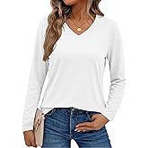 SMENG Women's Long Sleeve Shirts V Neck Cotton Blend T-Shirt Solid Color Breathable Comfy Basic Tee