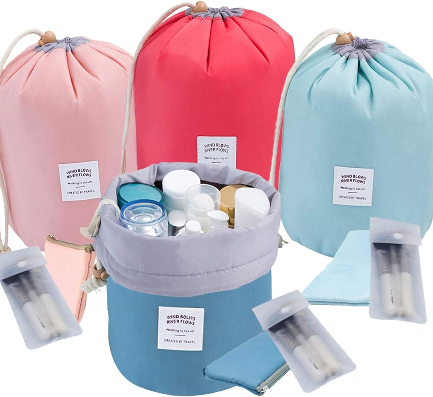 INVODA Cosmetic Bag 4 Pieces Barrel Shaped Travel Makeup Bags Large