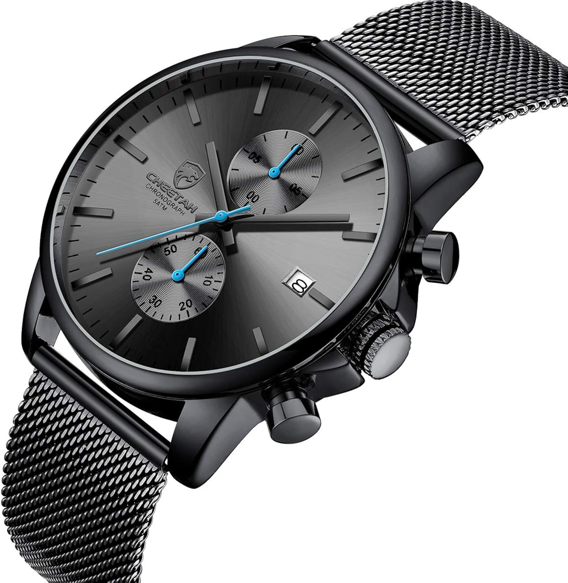 GOLDEN HOUR Men's Watches Fashion Sport Quartz Analog Black Mesh Stainless Steel Waterproof Chronograph Wrist Watch, Auto Date in Blue/Red/Gold Hands