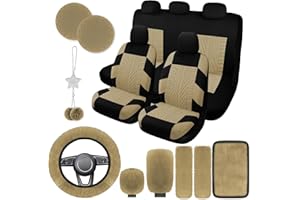 JINGSEN 17 Car Seat Cover Full Set for Women, Universal Car Seat Cover, Plush Steering Wheel Cover, Fluffy Soft Wool Handbrake Gear, Suspension Accessories Full SUV(Patterned Beige)
