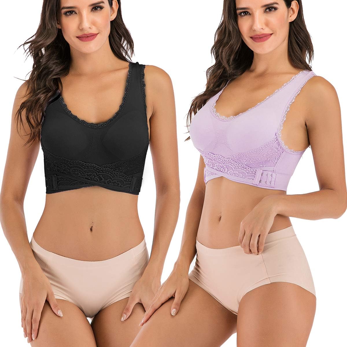 DODOING Women Seamless Front Cross Side Buckle Sport Bra Wireless Sexy Lace Yoga Running Bras with Removable Pads