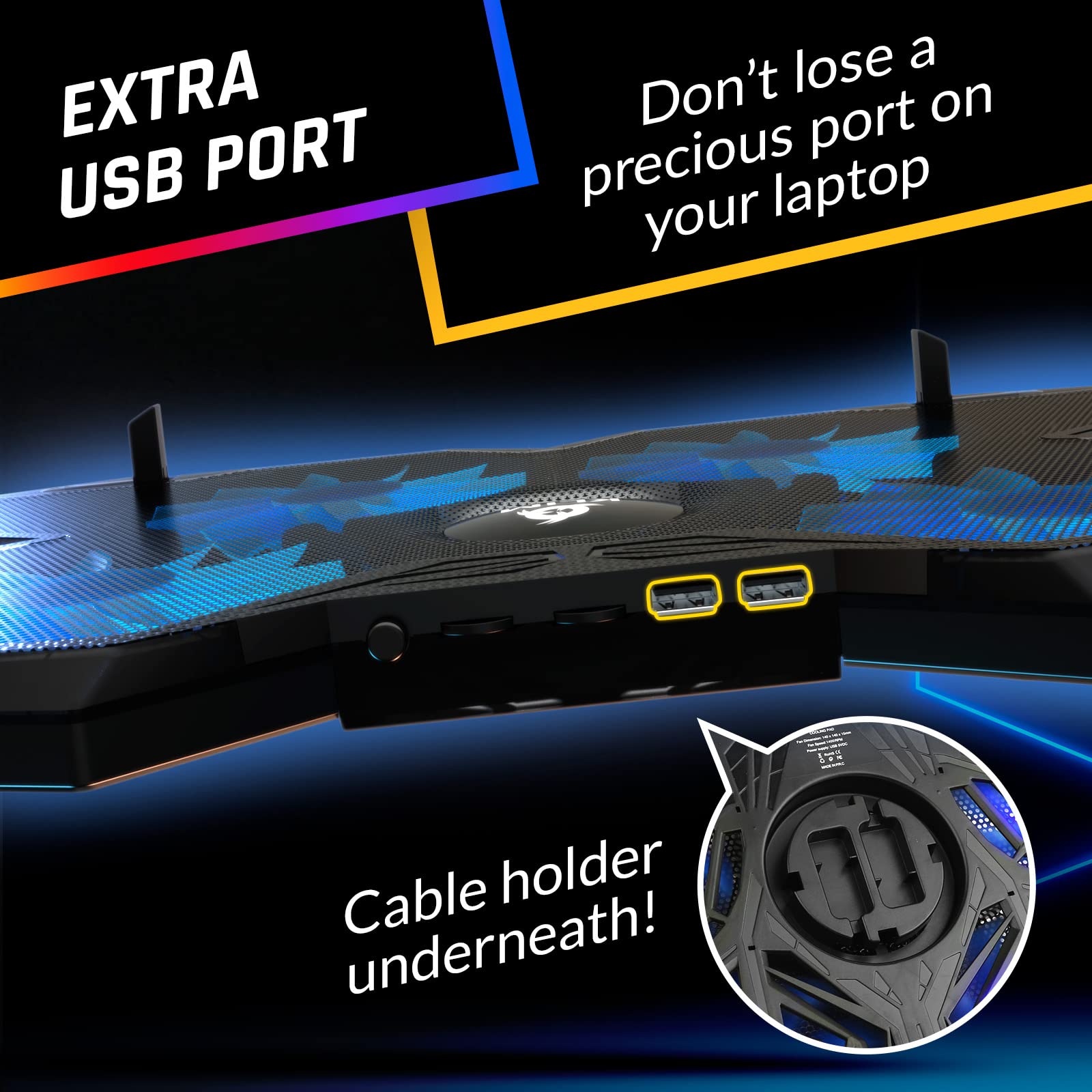 Klim Wind Laptop Cooling Pad - More Than 500 000 Units Sold - New Version - The Most Powerful Rapid Action Cooling Fan - Laptop Stand With 4 Cooling Fans At 1200 Rpm - Usb Fan - Ps5 Ps4 - Blue - View 7