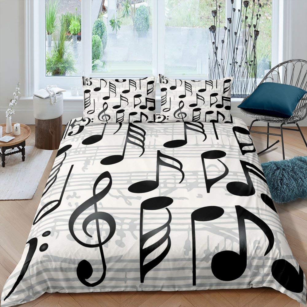 richhome Music Theme Black Duvet Cover Set-King Size Bedding With Notes Pattern,Chic White Comforter Cover For Kids,Soft Luxury Princess Style Bedspread,3pcs Set