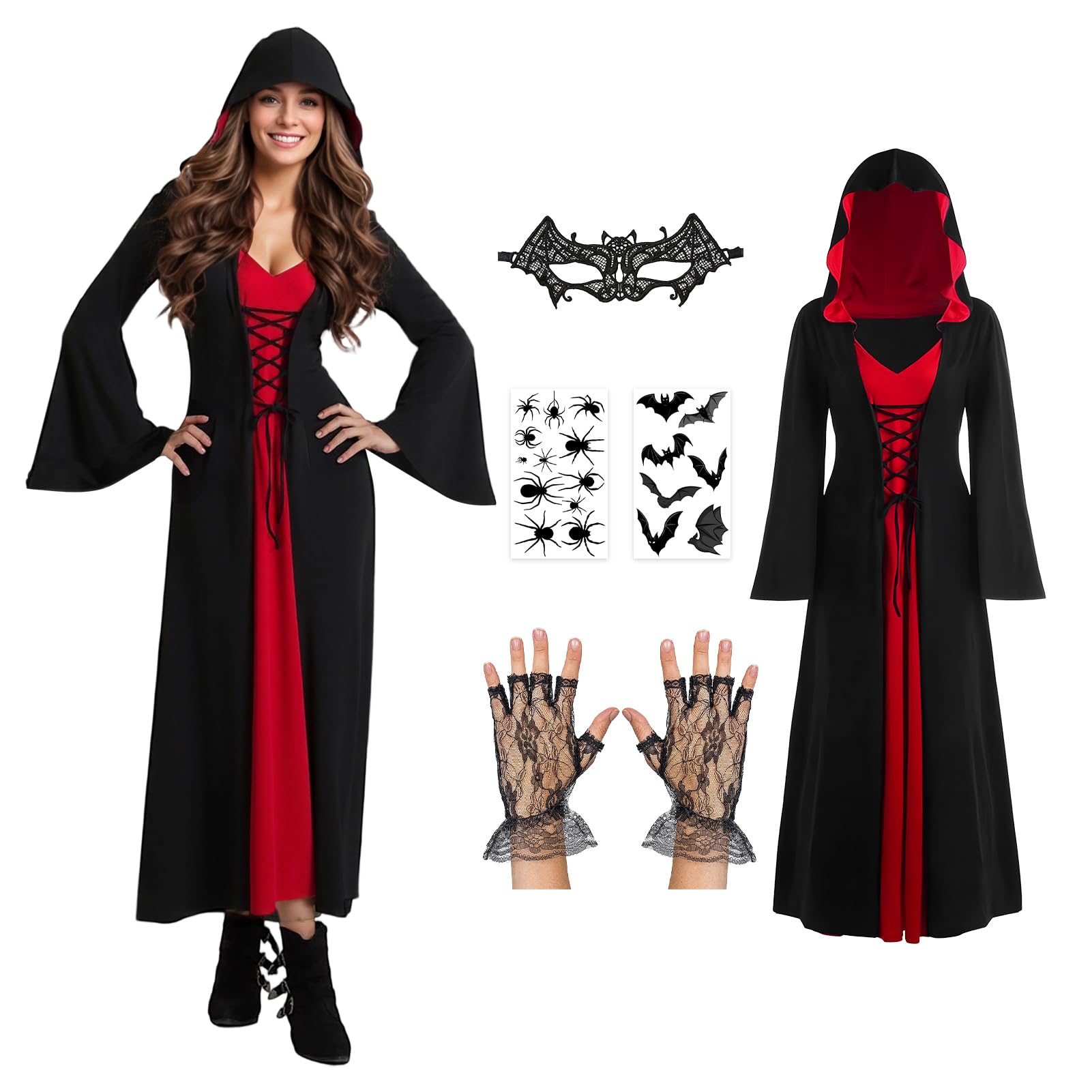 Suffolly Vampire Costumes for Women Vintage Witch Dress 6pcs Vampire Outfit Includes Eye Mask,Gloves,Stickers,Necklaces,Medieval Renaissance Costume,Fancy Dress Halloween Costumes for Women(Red, XL)
