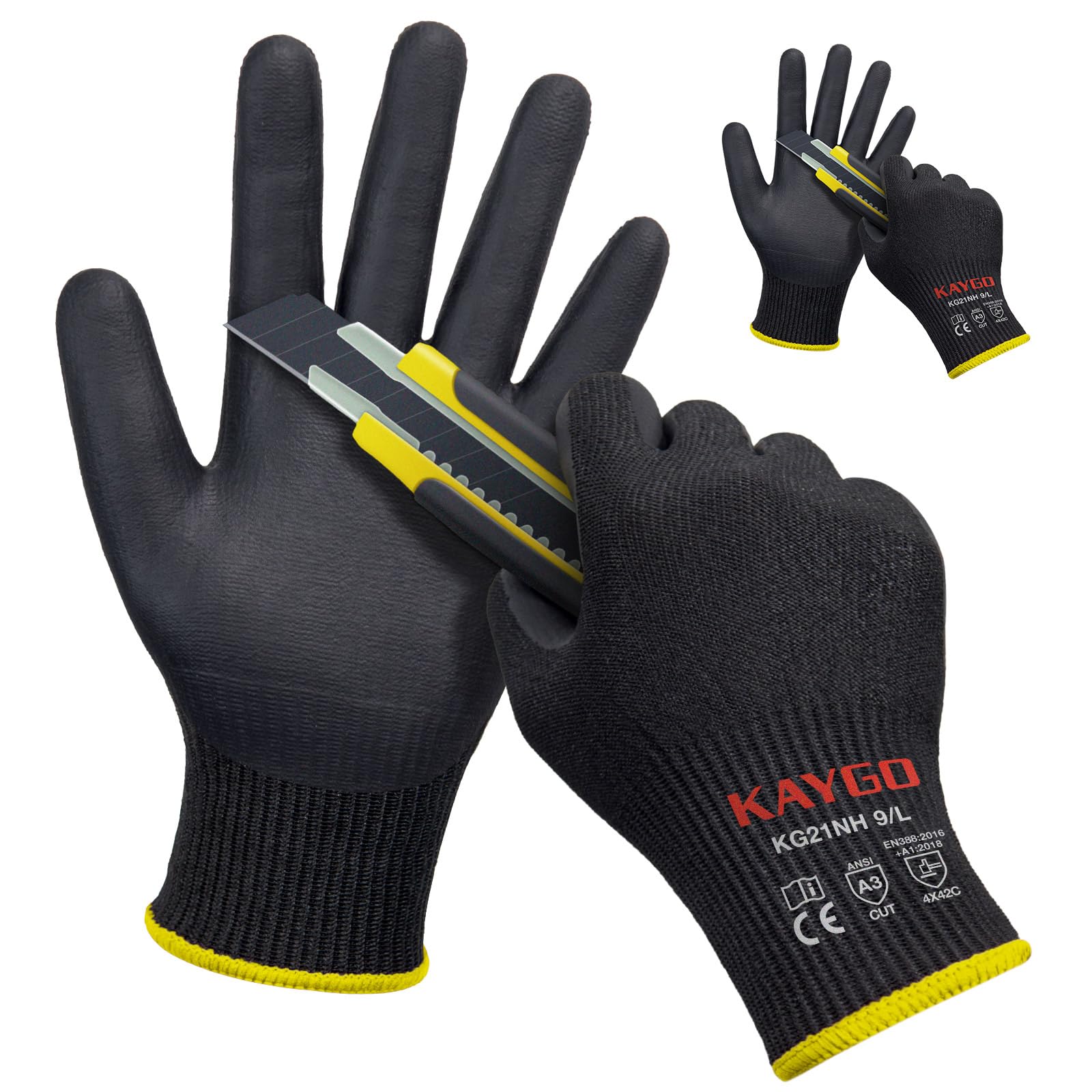 KAYGO Cut Resistant Work Gloves - 2 Pairs, Level C Protection, MicroFoam Nitrile Coated Good Grip Machine Washable, Cut Proof Safety Gloves EN388 4X42C, Ideal for Construction DIY, KG21N (Black, L)