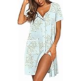 Ekouaer Nightgowns for Women Bamboo Viscose House Dress with Pockets Button Down Sleep Shirt Short Sleeve Nightshirts,Green Floral,Large