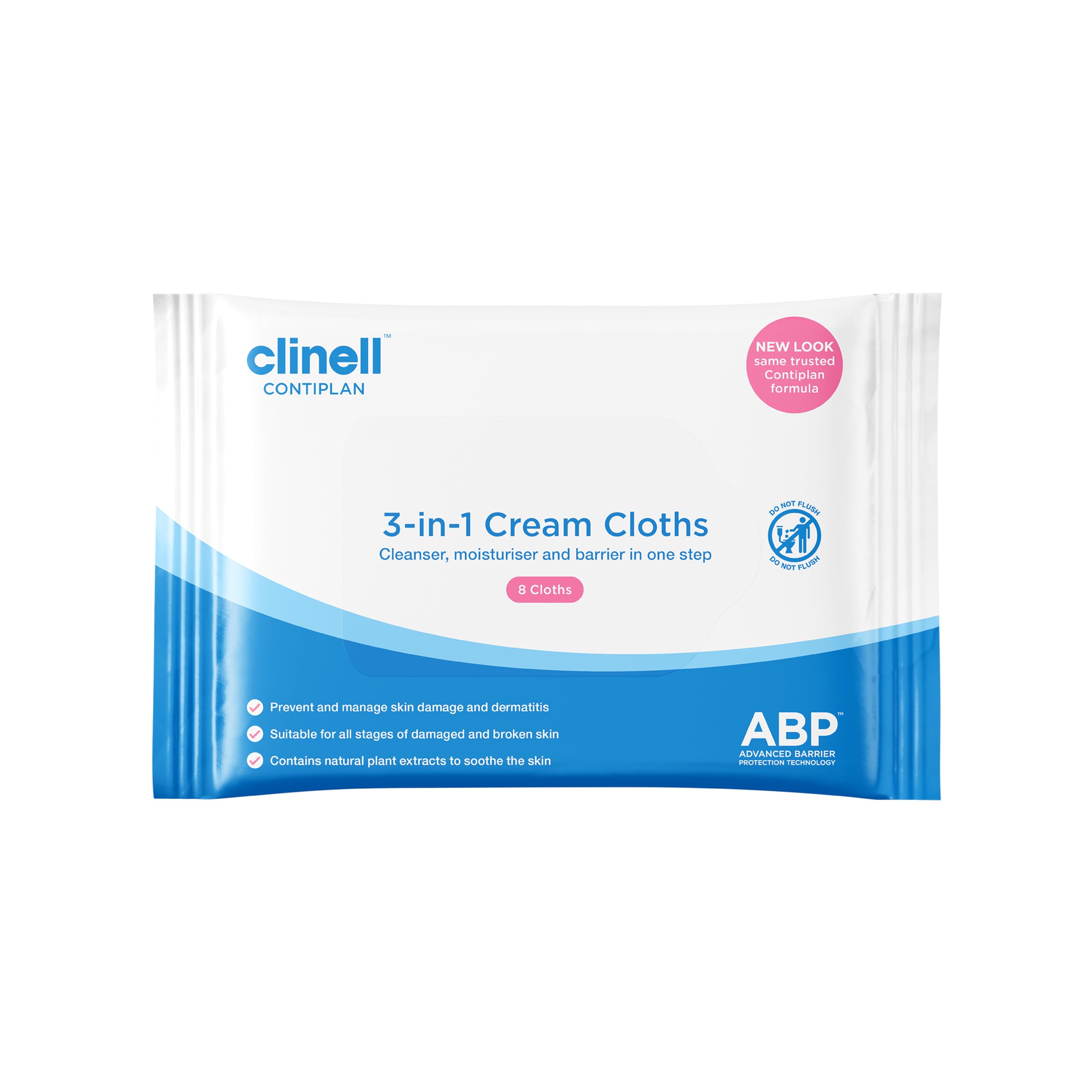 Clinell CONTIPLAN Incontinence Cleansing Cloths with Barrier Cream - Packs of 8 Cloths - All in One Cleansing Wipes Cleanses, Soothes and Moisturises - White