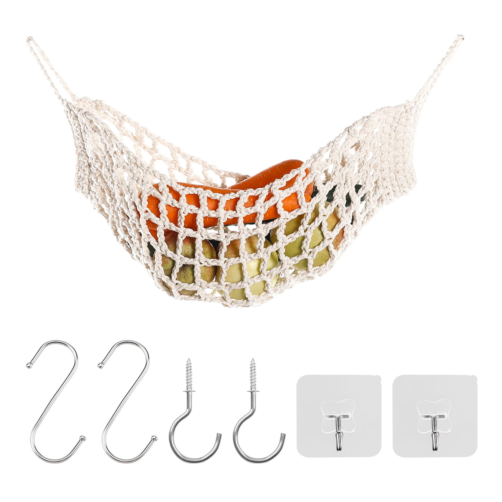 UFURMATE Fruit & Veggie Hammock, Beige Cotton Grid Style Basket with Hooks, Under Cabinet or Wall Mount, 60*30cm