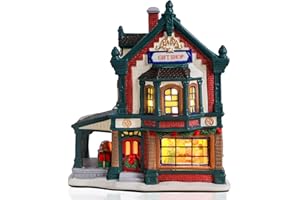 VCUTEKA Ceramic Christmas Village House with LED Lights, Gift Shop Themed Lighted Christmas Gingerbread House Decorations Indoor for Xmas Mantel, Desk, Tabletop Holiday Decor