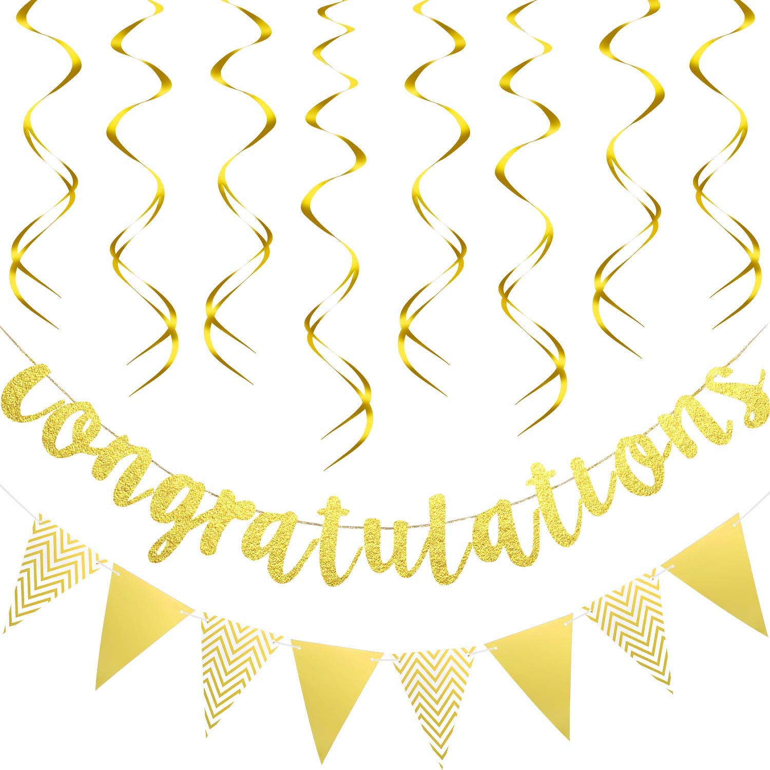Gold Glitter Congratulations Banner Triangle Flag Banner with 12 Pieces Gold Hanging Swirls for Wedding Retirement Graduation Anniversary Party Decorations