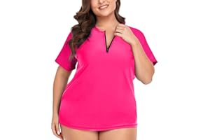 COOTRY Womens Plus Size Rash Guard Short Sleeve Swim Shirt UPF 50+ Sun Protection Zip Swimsuit Tops