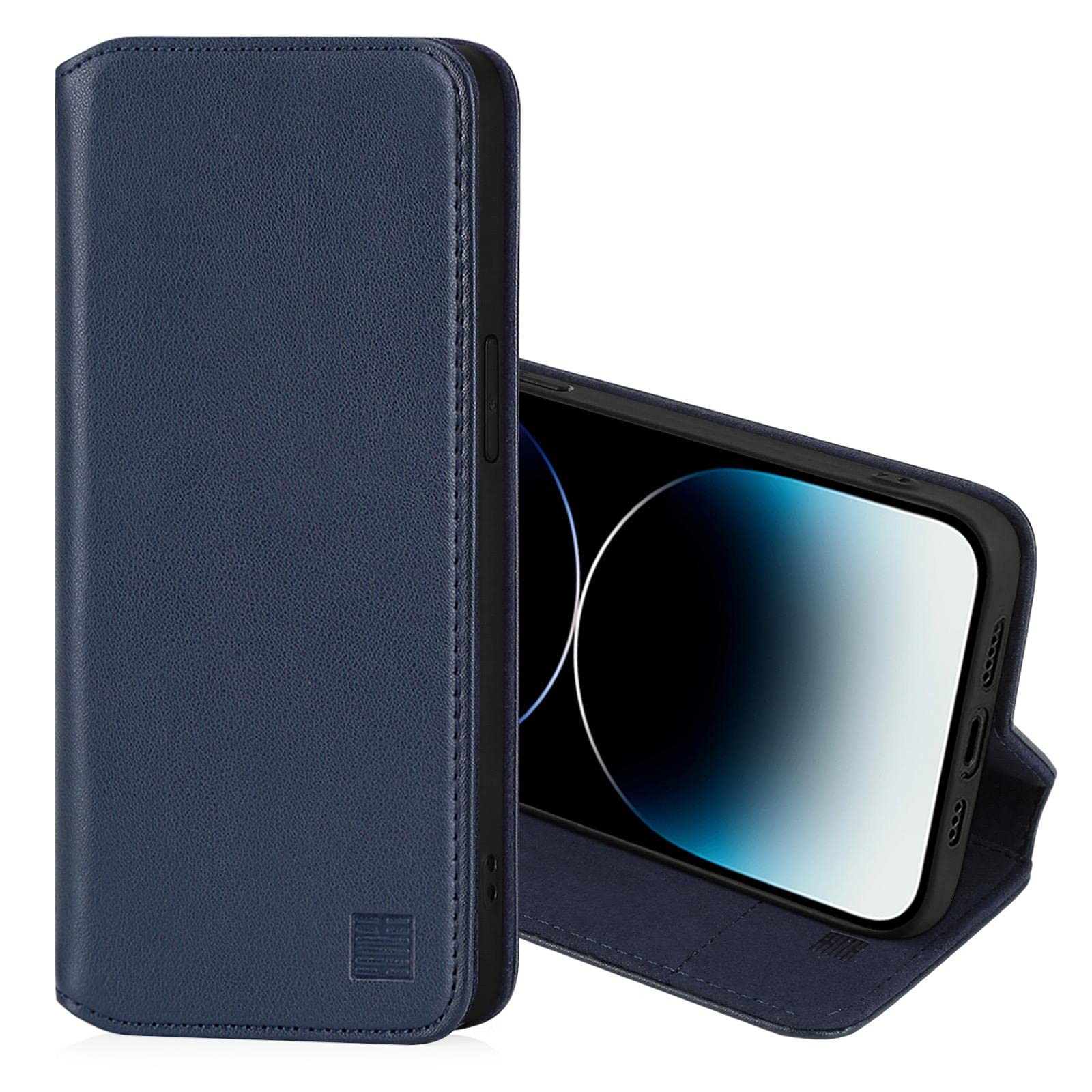 32nd Classic Series 2.0 - Real Leather Book Wallet Flip Case Cover For Apple iPhone 14 Pro Max (6.7"), Real Leather Design With Card Slot, Magnetic Closure and Built In Stand - Navy Blue