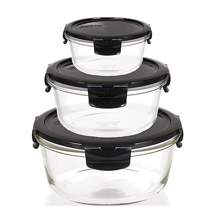 Recipiente hermético Redondo de Cristal con Tapa (Juego de 3) Oven ...