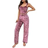 SweatyRocks Women's Pajamas Sets Soft Sleepwear 2 Piece Velvet Pjs Lace Camisole and Pants