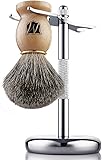 Miusco Premium 100% Pure Badger Hair Shaving Brush and Luxury Shaving Stand Set, Chrome Stand, Wooden Brush