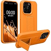 kwmobile Case Compatible with iPhone 15 Pro - Case with Hand Strap and Stand Soft TPU Silicone Coating - Fruity Orange