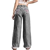 WDIRARA Girl's Bow Print Back Zipper Fly Elastic High Waist Denim Pants Basic Wide Leg Jeans