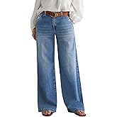 Flamingals Wide Leg Jeans for Women Mid Waist Baggy Stitch Decor Denim Washed Pants Without Belt