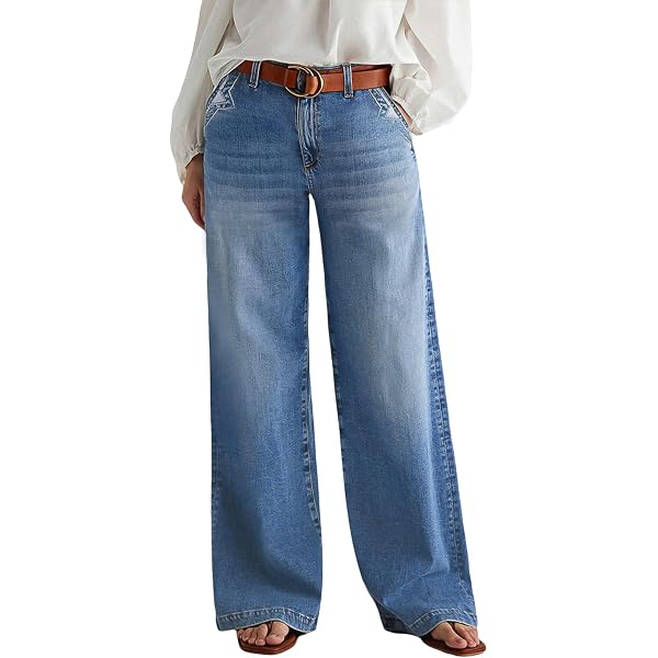 Flamingals Wide Leg Jeans for Women Mid Waist Baggy Stitch Decor
