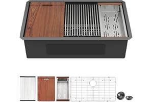 Mocoloo 33 Inch Undermount Kitchen Sink - 33 x 19 Black Stainless Steel Sinks Ledge Workstation 16 Gauge Deep Single Bowl Handmade NANO-PVD Under Counter Gunmetal Black Kitchen Sink