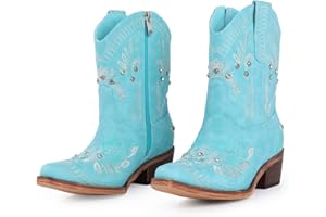 Krypthixor Rhinestone Ankle Cowboy Boots for Women Embroidered Short Cowgirl Boots With Low Heel Side Zipper Comfortable Chunky Heels Western Booties For Prom Party Wedding Pull On Shoes
