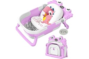 WIQINS Collapsible Baby Bathtub for Newborns with Thermometer and Soft Floating Cushion Portable and Foldable Travel Baby Bath Tub for Infants to Toddler 0-36 Month (Purple)