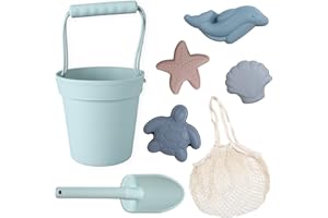 BLUE GINKGO Silicone Beach Toys - Modern Baby | Travel Friendly Set Bucket, Shovel, 4 Sand Molds, Bag for Toddlers, Kids Green